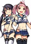 2girls :3 adapted_costume akebono_(kantai_collection) angry animal_ears animal_on_head badge bare_shoulders bell black_legwear blush bodypaint breasts clenched_teeth covering covering_breasts covering_crotch flower gloves hair_bell hair_bobbles hair_flower hair_ornament horosuke_(toot08) kantai_collection long_hair looking_at_viewer multiple_girls navel open_mouth pink_eyes pink_hair purple_hair rabbit rabbit_ears racequeen red_scarf sazanami_(kantai_collection) scarf short_hair short_shorts shorts side_ponytail simple_background skirt smile teeth thigh-highs twintails very_long_hair violet_eyes white_background white_legwear 