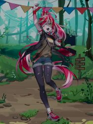  1girl alternate_costume artist_request bag black_jacket black_leggings blunt_bangs chain clenched_hands colored_skin commentary denim denim_shorts direction_board full_body fur-trimmed_shorts fur_trim high_ponytail highres hololive hololive_indonesia jacket kureiji_ollie leggings long_hair looking_at_viewer multicolored_hair nature official_art one_eye_closed open_mouth outdoors patchwork_skin pink_hair ponytail raised_fist red_hair second-party_source shirt shoes shorts shoulder_bag signpost sleeveless sleeveless_jacket sneakers solo standing standing_on_one_leg stitched_arm stitched_face stitches symbol-shaped_pupils teeth torn_clothes torn_leggings two-tone_hair upper_teeth_only very_long_hair virtual_youtuber white_hair wristband x-shaped_pupils zombie 