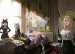  4girls ahoge animal_ears bag black_gloves black_jacket black_ribbon black_skirt blonde_hair blue_archive blue_necktie blue_ribbon blush breasts can character_request check_character closed_eyes collared_shirt commentary_request cowboy_shot crack cracked_wall doodle_sensei_(blue_archive) dot_nose english_text fang fingerless_gloves full_body gloves green_gloves gun hair_between_eyes hair_ornament hair_ribbon hands_on_own_hips highres holding holding_can hoshino_(blue_archive) indoors jacket korean_commentary lanyard large_breasts long_hair looking_at_another lying map medium_breasts multiple_girls necktie nonomi_(blue_archive) on_pillow open_mouth pink_hair red_eyes red_gloves ribbon scarf sensei_(blue_archive) serika_(blue_archive) shiroko_(blue_archive) shirt short_hair sitting skirt sleeping smile socks standing stuffed_whale sunlight tomatoketchup96 twintails weapon white_shirt white_socks 