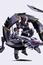  1boy armor belt black_bodysuit blackdragvisor bodysuit compound_eyes contract_monster dragblacker dragon dragvisor eastern_dragon evil_eyes glowing glowing_eyes heisei highres horns kamen_rider kamen_rider_ryuga kamen_rider_ryuki_(series) looking_at_viewer male_focus non-humanoid_robot open_mouth penpenhuihui red_eyes rider_belt robot robot_dragon simple_background tokusatsu v_buckle 