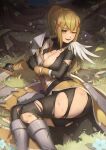  1girl armor black_legwear blonde_hair blue_eyes bodysuit braid breasts darkness_(konosuba) eyebrows_visible_through_hair gloves grass hair_between_eyes hair_ornament highres kono_subarashii_sekai_ni_shukufuku_wo! large_breasts long_hair looking_at_viewer ola_(bunnyfly) one_eye_closed ponytail smile solo torn_bodysuit torn_clothes torn_legwear very_long_hair x_hair_ornament 