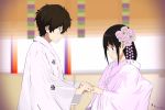  1boy 1girl black_hair chitanda_eru couple green_eyes holding_hands hyouka japanese_clothes kimono long_hair malo_ni oreki_houtarou short_hair uchikake violet_eyes wedding 