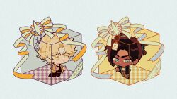  1boy 1girl alien_stage black_jacket black_pants black_shirt blonde_hair box brown_hair brown_jacket brown_pants character_name chibi chibi_only chinese_commentary claw_hair_clip colored_eyelashes commentary_request dark-skinned_female dark_skin earrings grey_eyes highres hyuna_(alien_stage) in_box in_container jacket jewelry luka_(alien_stage) mii3847 official_alternate_costume pants ribbon shirt tag yellow_eyes 