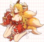  1girl animal_ears blonde_hair breasts cleavage detached_sleeves fox_ears fox_tail green_eyes hoshii_miki idolmaster long_hair looking_at_viewer multiple_tails nail_polish one_eye_closed red_nails rod_(rod4817) rubbing_eyes sitting smile solo tail wariza 