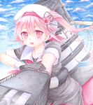  1girl beret blue_hair blue_sky cannon clouds gloves gradient_hair hair_ornament hair_ribbon harusame_(kantai_collection) hat ho-cki kantai_collection long_hair machinery multicolored_hair open_mouth pink_eyes pink_hair pleated_skirt red_eyes ribbon school_uniform serafuku side_ponytail skirt sky smile smokestack solo turret 