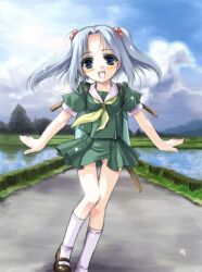  1girl 98se-tan blue_eyes blue_hair blue_sky blush brown_footwear closed_mouth clouds grass happy lake os-tan parted_bangs personification school_uniform seifuku serafuku sky smile socks split_bangs tree twintails walking 
