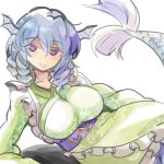  1girl akuma_(akuma0907) blue_eyes blue_hair breasts collarbone floral_print green_clothes hair_between_eyes head_fins impossible_clothes japanese_clothes kimono large_breasts long_sleeves looking_at_viewer lying mermaid monster_girl on_side sash short_hair solo touhou wakasagihime wide_sleeves 