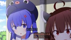  2girls ahoge animal_hat anime_coloring blue_eyes blue_hair blunt_bangs brown_hair chaakusu eel_hat fake_screenshot hair_between_eyes hair_ornament hairclip hat headgear highres large_hat light_blush long_hair looking_afar looking_at_another medium_hair multiple_girls open_mouth otomachi_una otomachi_una_(talkex) outdoors parted_lips red_eyes sailor_collar shade sky sleeveless talkex touhoku_kiritan tree twintails voiceroid white_sailor_collar 