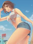 1girl alternate_hair_color america_(hetalia) arched_back axis_powers_hetalia baseball_bat blue_sky blurry breasts brown_hair building cleavage clouds crop_top day denim denim_shorts depth_of_field from_side genderswap grin hips looking_to_the_side nail nail_bat navel pochi_(popcooooorn) red_eyes shirt short_hair short_shorts shorts sky sleeveless smile solo stomach sunglasses sunglasses_on_head thighs tied_shirt 