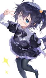  1girl absurdres ahoge black_thighhighs blue_eyes chuunibyou chuunibyou_demo_koi_ga_shitai! dress eyepatch guzangnanfeng highres long_sleeves looking_at_viewer medical_eyepatch one_side_up parted_lips short_hair simple_background solo standing takanashi_rikka thigh-highs v white_background 