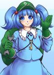  1girl backpack bag blue_eyes blue_hair blush gloves green_gloves hair_bobbles hair_ornament hat kawashiro_nitori key looking_at_viewer mazume short_hair simple_background smile solo touhou twintails two_side_up wrench 