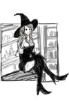  1girl boots bottle breasts cleavage counter crossed_legs deneb_rove dress elbow_gloves gloves hands_on_lap hat high_heel_boots high_heels kikiki long_hair lowres microdress monochrome shelf shop simple_background sitting sketch solo strapless_dress tactics_ogre thigh-highs thigh_boots very_long_hair white_background witch witch_hat zettai_ryouiki 