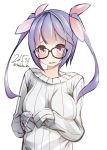 1girl glasses i-19_(kantai_collection) kantai_collection long_hair nekobaka purple_hair red_eyes ribbed_sweater sleeves_past_wrists solo sweater twintails 