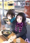  2girls bangs black_eyes black_hair blunt_bangs brown_hair coin food multiple_girls noodles original scarf snow soba taka_(tsmix) train train_station 