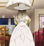  1girl blonde_hair curly_hair hat highres long_skirt rakudai_kishi_no_cavalry screencap skirt totokubara_kanata umbrella 