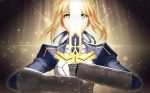  1girl armor blonde_hair breastplate excalibur fate/grand_order fate_(series) glowing green_eyes juliet_sleeves kxxxxxxxxxxx long_sleeves puffy_sleeves saber solo sword weapon 