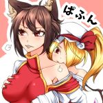  2girls animal_ears bare_shoulders blonde_hair blush bow breast_grab breasts cat_ears chen collarbone enami_hakase flandre_scarlet hat large_breasts long_hair long_sleeves lowres multiple_girls nail_polish nibbling open_mouth red_eyes red_nails ribbon short_hair side_ponytail touhou upper_body wings yuri 