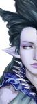  1girl black_hair blue_eyes consectetur final_fantasy final_fantasy_xiv forehead_jewel highres lipstick looking_at_viewer makeup no_pupils pointy_ears purple_lipstick purple_skin shiva_(final_fantasy) solo 