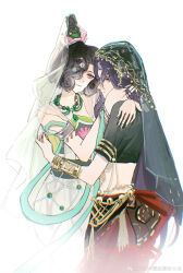  2girls absurdres armlet bead_necklace beads black_hair black_shirt blue_eyes bracelet dress flower green_shawl green_veil hagoromo hair_bun hair_flower hair_ornament hair_over_one_eye hand_on_another&#039;s_head hand_on_another&#039;s_shoulder highres jewelry looking_at_another lotus_hair_ornament midriff multiple_girls necklace ni_yan_zhong_ran_qi_ai_de_huoguang official_alternate_costume one_eye_covered parted_lips profile red_skirt reverse:1999 shawl shirt short_hair short_sleeves skirt sleeveless sleeveless_dress smile snake_hair_ornament tuesday_(reverse:1999) veil violet_eyes watermark weibo_watermark white_background white_dress white_veil willow_(reverse:1999) yuri 