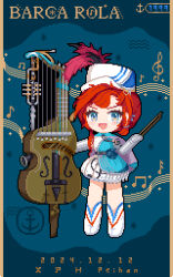  1girl :d anchor_symbol artist_name barcarola_(reverse:1999) beamed_eighth_notes blue_background blue_dress blue_eyes boots bow_(music) character_name crackling_box_(reverse:1999) dated deformed dress eighth_note elbow_gloves full_body gloves grey_gloves hand_up hat hat_feather highres holding holding_bow_(music) instrument long_hair looking_at_viewer musical_note musical_note_print musical_staff open_mouth pixel_art print_dress red_hair reverse:1999 shako_cap short_dress sixteenth_note sleeveless sleeveless_dress smile solo sparkle standing treble_clef two-tone_dress white_boots white_dress white_hat xph_peihan 