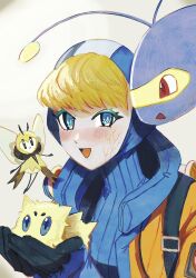  5436772h apex_legends blonde_hair blue_bodysuit blue_eyes blush bodysuit burn_scar creature gloves highres holding holding_creature hood jacket joltik lanturn lichtenberg_figure orange_jacket pokemon pokemon_(creature) ribbed_bodysuit ribombee scar scar_on_face wattson_(apex_legends) 