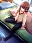 1girl bed bed_sheet bedroom blouse brown_eyes brown_hair casual commentary_request curtains feet fuuki_(nicoseiga) highres kantai_collection no_shoes open_mouth panties panties_under_pantyhose pantyhose pillow short_hair sitting smile solo striped striped_panties sunlight underwear wakaba_(kantai_collection) window 