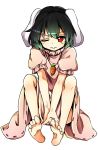  1girl animal_ears baba_(baba_seimaijo) barefoot black_hair dress full_body gradient_hair green_hair grin highres inaba_tewi jewelry looking_at_viewer multicolored_hair necklace one_eye_closed pink_dress puffy_sleeves rabbit_ears red_eyes short_hair short_sleeves sitting smile solo touhou transparent_background 