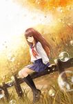  1girl auburn_hair autumn autumn_leaves black_legwear black_shoes blue_eyes blue_skirt dutch_angle fence grass leaf looking_at_viewer outdoors school_uniform shirt shoes shoes_removed sitting skirt soap_bubbles socks solo tree wallacexi wooden_fence 