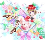  1girl :d arm_garter bangs bare_shoulders blush bow brown_hair brown_shoes cherry cherry_print cross-laced_legwear cup dress drinking_glass earrings flower food food_themed_ornament frills fruit full_body garters gloves grapes hair_ornament hairclip hat highres hug in_container jewelry koizumi_hanayo lace leaf lemon love_live!_school_idol_project mint open_mouth open_toe_shoes orange_slice oversized_object petals pink_bow red_hat shino_(shinderera) shoes short_hair sitting smile solo strawberry striped striped_bow striped_gloves swept_bangs violet_eyes water 