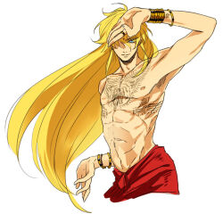  1boy alternate_costume arm_up bindi bishounen blonde_hair blue_eyes bracelet casual chest_tattoo expressionless gold_bracelet hair_over_one_eye henna indian_clothes jewelry long_hair looking_at_viewer male_focus mantles mudra multiple_bracelets saint_seiya solo tattoo topless_male virgo_(symbol) virgo_shaka wrist_tattoo 