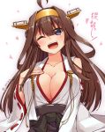  1girl adyisu ahoge bare_shoulders black_eyes blush breasts brown_hair cleavage collarbone detached_sleeves double_bun hairband hand_on_own_chest heart kantai_collection kongou_(kantai_collection) large_breasts long_hair looking_at_viewer nontraditional_miko one_eye_closed open_mouth ribbon-trimmed_sleeves ribbon_trim simple_background smile solo translated twitter_username upper_body white_background 