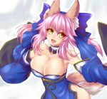  1girl absurdres animal_ears bare_shoulders bow breasts caster_(fate/extra) cleavage detached_sleeves fang fate/extra fate/grand_order fate_(series) fox_ears fox_tail hair_bow hair_ribbon highres japanese_clothes large_breasts long_hair minarai_tenna open_mouth pink_hair ribbon simple_background solo tail twintails white_background yellow_eyes 