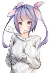  1girl i-19_(kantai_collection) kantai_collection long_hair nekobaka purple_hair red_eyes ribbed_sweater sleeves_past_wrists solo sweater twintails 