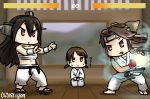  3girls :&lt; black_hair brown_hair daimon_gorou dated dougi fake_screenshot fighting_game fighting_stance geta hachimaki hadouken hamu_koutarou headband headgear health_bar jintsuu_(kantai_collection) kantai_collection long_hair m.u.g.e.n multiple_girls nagato_(kantai_collection) navel parody ryuu_(street_fighter) sarashi seiza shirayuki_(kantai_collection) sitting street_fighter the_king_of_fighters 