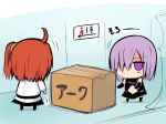  2girls ahoge bare_shoulders bathroom box chibi detached_sleeves expressionless fate/grand_order fate_(series) female_protagonist_(fate/grand_order) long_sleeves looking_at_another miniskirt multiple_girls navel restroom sen_(astronomy) shielder_(fate/grand_order) short_hair side_ponytail sign skirt translation_request 