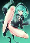  1girl alphy bare_legs convenient_leg dress full_body green_eyes green_hair grin no_panties onepunch_man short_hair slit_pupils smile solo tatsumaki 