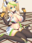  1girl aqua_eyes asamura_hiori bare_shoulders blonde_hair blush boots breasts cleavage commentary_request elbow_gloves gen&eacute;_(pso2) gloves green_hair hair_between_eyes headgear highres large_breasts long_hair multicolored_hair navel phantasy_star phantasy_star_online_2 sitting smile solo thigh-highs thigh_boots twintails wariza 