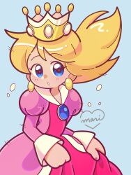  1girl :o blonde_hair blue_background blue_eyes commentary crown dress earrings english_commentary gem gold_crown highres jewelry juliet_sleeves long_hair long_sleeves looking_at_viewer marikyuunn pink_dress princess princess_peach princess_peach_(prototype) prototype_design puffy_sleeves signature simple_background solo super_mario_bros. 