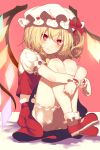  1girl blonde_hair bloomers blush crystal flandre_scarlet full_body hat hat_ribbon highres kikugetsu leg_hug legs_up mary_janes mob_cap puffy_sleeves red_eyes ribbon shirt shoes short_hair short_sleeves side_ponytail sitting skirt skirt_set smile socks solo touhou underwear vest wings wrist_cuffs 