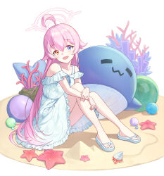  1girl :d ahoge alternate_costume bare_shoulders blue_archive blue_eyes blue_ribbon commentary dress fang flip-flops frilled_dress frills full_body hair_between_eyes halo happy hermit_crab heterochromia highres hoshino_(blue_archive) hugging_own_legs knees_up long_hair milkomeda off-shoulder_dress off_shoulder open_mouth pink_hair pink_halo ribbon sandals simple_background sitting skin_fang smile solo starfish straight_hair stuffed_whale sundress toes very_long_hair white_background white_dress white_sandals yellow_eyes 