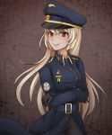 1girl armband black_gloves blonde_hair character_request coat collared_shirt copyright_request cowboy_shot crossed_arms gloves hat long_hair military military_hat military_uniform p_(pdrawswifus) red_eyes shirt solo uniform 