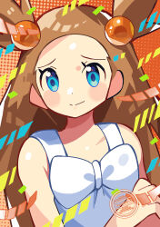  1girl anidler91 bare_shoulders blue_eyes bow brown_hair closed_mouth dress hair_ornament highres jasmine_(pokemon) long_hair looking_at_viewer pokemon pokemon_gsc sleeveless sleeveless_dress smile solo upper_body white_bow white_dress 