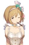  1girl armlet breasts brown_eyes brown_hair choker cleavage gita_(granblue_fantasy) granblue_fantasy hair_ornament hanarito heart looking_at_viewer mouth_hold one_eye_closed pocky short_hair simple_background smile solo superstar_(granblue_fantasy) upper_body white_background 
