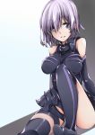  1girl asymmetrical_legwear baron_suzuki breasts detached_sleeves fate/grand_order fate_(series) hair_between_eyes highres impossible_clothes impossible_shirt looking_at_viewer over-kneehighs purple_hair shielder_(fate/grand_order) shirt short_hair sitting sleeveless solo thigh-highs thigh_strap violet_eyes 