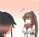  2girls blush breasts brown_hair gradient gradient_background hair_ornament kantai_collection long_hair mouth_hold multiple_girls pocky pocky_day rexlent simple_background yahagi_(kantai_collection) yamato_(kantai_collection) 