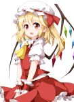  1girl ascot bat_wings blonde_hair bow flandre_scarlet frilled_skirt frills hat long_hair open_mouth puffy_sleeves red_eyes ribbon ruu_(tksymkw) side_ponytail simple_background skirt smile solo touhou white_background wings 