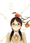  1girl blazer blush branch brown_eyes brown_hair food food_on_head fruit fruit_on_head glasses hands_together leaf low_twintails object_on_head original persimmon sasamori_tomoe school_uniform smile solo twintails 
