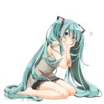  1girl absurdly_long_hair aqua_hair asagao_minoru bare_arms barefoot blue_eyes fingernails hands_on_own_face hatsune_miku long_hair looking_at_viewer nail_polish shirt simple_background sitting skirt sleeveless sleeveless_shirt solo squiggle two_side_up very_long_hair vocaloid wariza white_background 