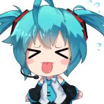  &gt;_&lt; 1girl ahoge bai_yemeng blue_hair blush_stickers chibi closed_eyes detached_sleeves flying_sweatdrops hatsune_miku headset long_sleeves necktie shirt skirt solo tattoo tongue tongue_out twintails vocaloid wide_sleeves 