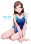  1girl bon_nob breasts brown_eyes brown_hair character_name competition_swimsuit idolmaster idolmaster_cinderella_girls long_hair looking_at_viewer nitta_minami one-piece_swimsuit simple_background solo swimsuit 